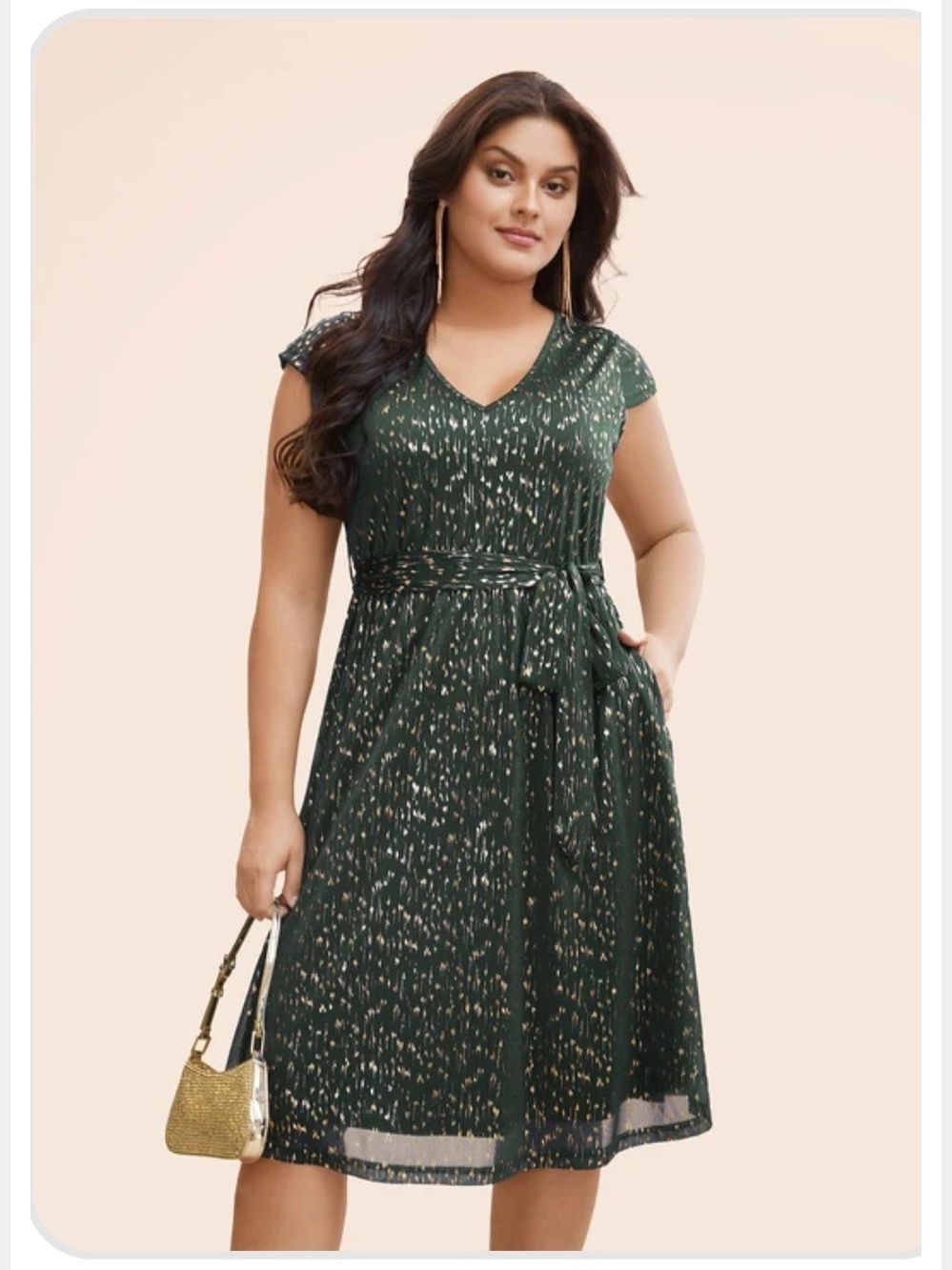 BloomChic Forest Green V-Neck Midi Dress with Metallic Speckle